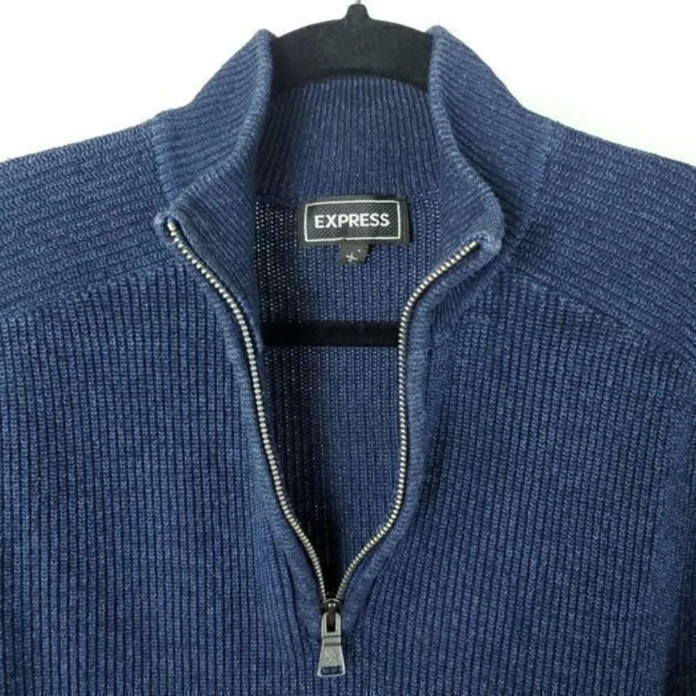 Men's Express 100% Cotton Quarter Zip Rib Raglan Sleeve Sweater Large Blue